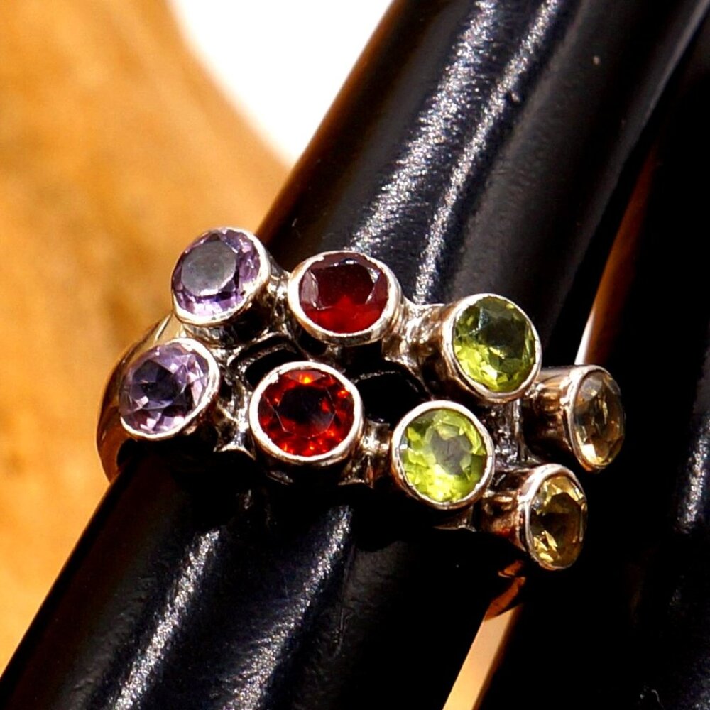 Vintage Multi Colored Gemstones Double Row Silver Ring Size 6.5